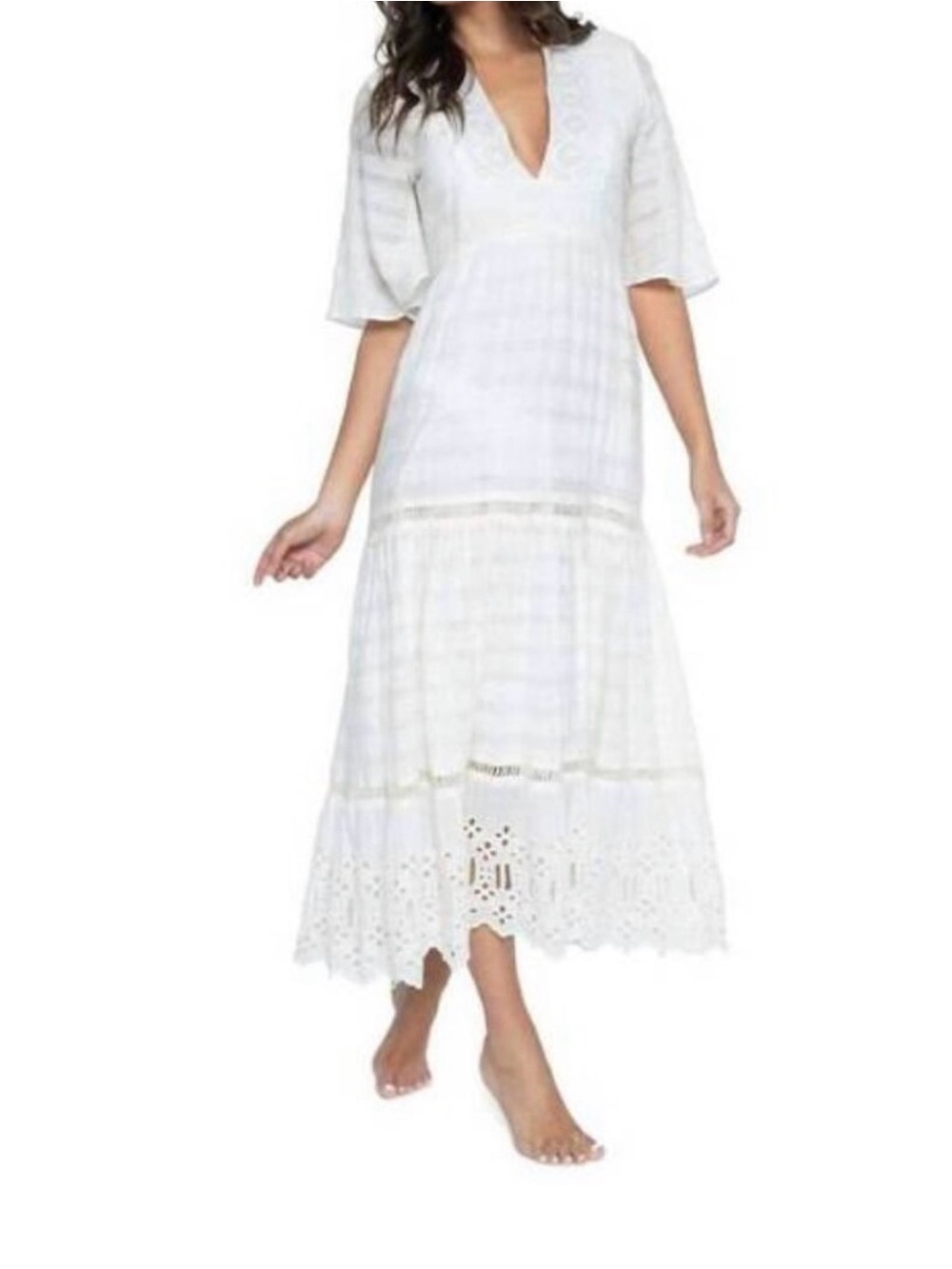 PQ- White Eyelet Midi Dress with V-Neck
